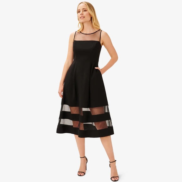 ADRIANNA PAPELL CREPE AND MESH ILLUSION MIDI FIT-FLARE COCKTAIL DRESS IN BLACK - Picture 1 of 13
